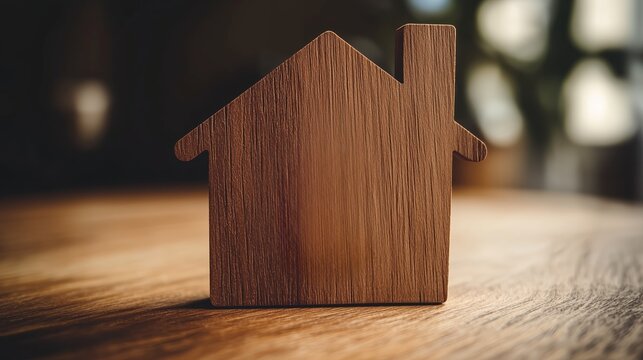 Simple wooden house model on a textured wooden surface, ideal for home decor and design inspiration in a bright indoor setting