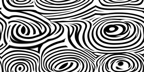 Seamless trippy psychedelic vintage mid century modern geometric striped circle pattern. Bold monochrome black and white retro surreal lines aesthetic art. Optical illusion scallop background texture.