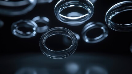 An abstract formation of glass cycles, each ring emitting a soft glow from within, floating in a dark, minimalist space