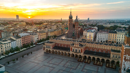 central market square of krakow in poland at dawn in summer view from above