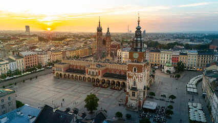 Fototapeta premium central market square of krakow in poland at dawn in summer view from above