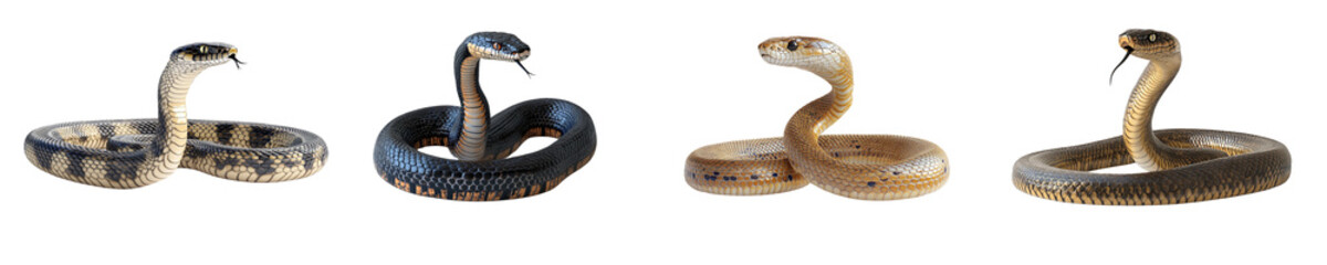 Different snakes with open mouth coiled in an attack position on a white background danger concept