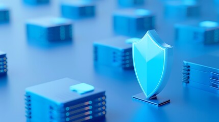Abstract representation of data security with shield symbol and server stacks, showcasing protection and information safety.