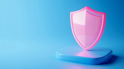 Abstract pink shield icon on a blue background, symbolizing protection, security, and data privacy in a modern digital context.