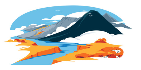 autumn mountain landscape. Calm blue river. Orange and yellow season. Vector flat illustration