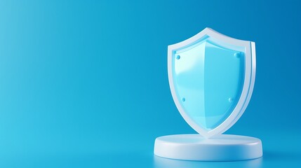 Abstract security shield icon on blue background symbolizing protection and safety. 3D rendering for cybersecurity and data protection concepts.