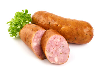 Grilled sausages, Oktoberfest dishes, isolated on white background