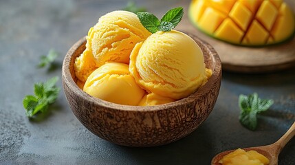Delicious mango ice cream in a bowl. Perfect for dessert menus, food blogs, and recipes.