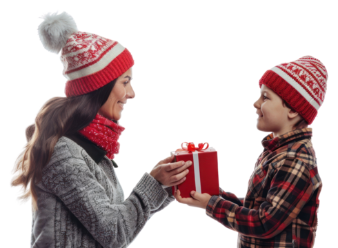 PNG Mother give xmas gift to son adult white background togetherness.
