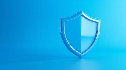 Blue metallic shield icon isolated on light blue background, representing security, protection, and safeguarding in technology and data.