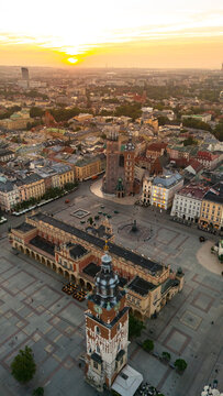 central market square of krakow in poland at dawn in summer view from above