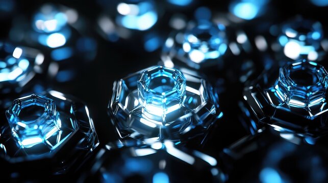 A 3D render of rotating glass pentagons with luminous centers, creating a dynamic and abstract visual flow
