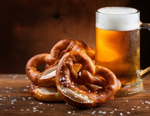 Background with glass mugs of beer and a pile of traditional artisan pretzels. Oktoberfest, a German Bavarian celebration, beer holiday. 
