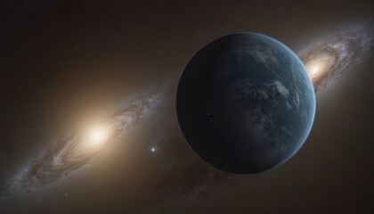 A blue planet with white clouds and a galaxy in the background.