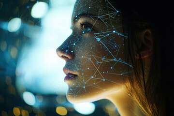 Profile of woman and data network concept. Artificial intelligence.