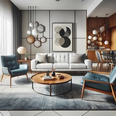Mid-century style home interior design of modern living room. White sofa and blue leather chairs near wooden coffee table., modern living room with fireplace, created with generative A.I.