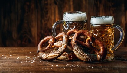 Background with glass mugs of beer and a pile of traditional artisan pretzels. Oktoberfest, a German Bavarian celebration, beer holiday. 
