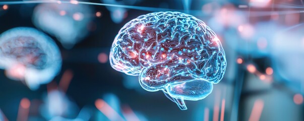 Futuristic depiction of a glowing brain, illustrating neural connections and advanced technology concepts in cybersecurity and AI.