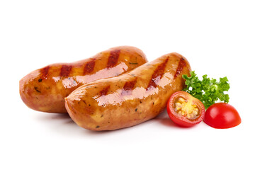 Grilled bavarian sausages, isolated on white background.