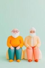 Obraz premium Whimsical figurines of two elderly men sitting together, showcasing playful design and cheerful colors against a soft pastel background.