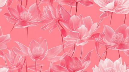 Seamless pink astrantia floral pattern, one-line drawing