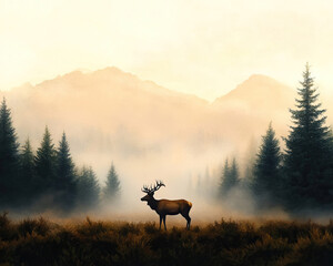 A majestic stag stands alone in a misty forest, surrounded by towering pines and distant mountains, evoking tranquility and wilderness.