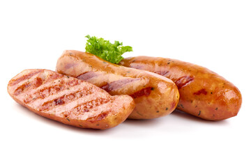 Roasted bratwurst sausages, isolated on white background