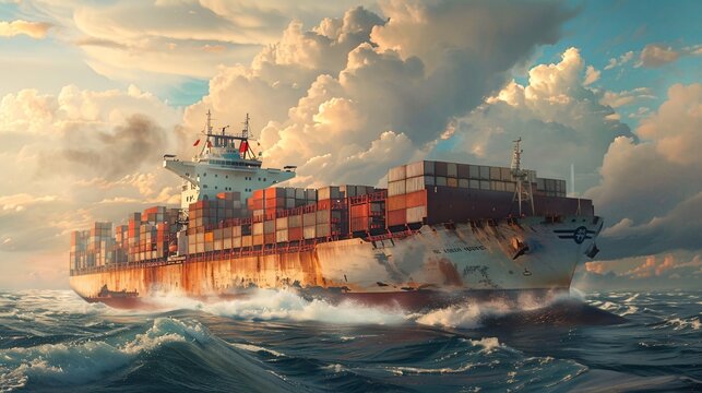 A large cargo ship anchored in a bustling port, surrounded by smaller tugboats and other vessels