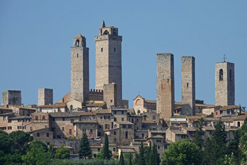 The Medieval towers of San Gimignano are shown above this cityscape in Tuscany, Italy.