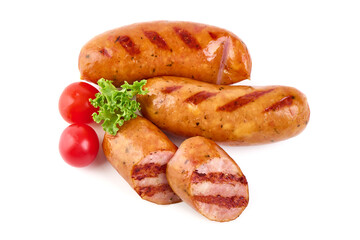 Roasted bratwurst sausages, isolated on white background.