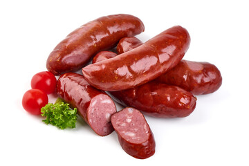 BBQ roasted pork sausages, isolated on white background