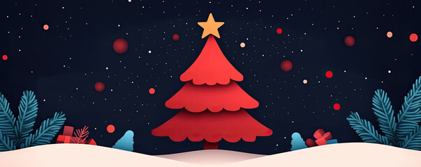 Festive Christmas tree design with a colorful star, surrounded by snow and holiday decorations, evoking a cheerful holiday spirit.