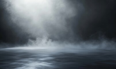 Dark background with fog and smoke, night sky, ocean floor, flat ground, backdrop for product display presentation, dark gray background