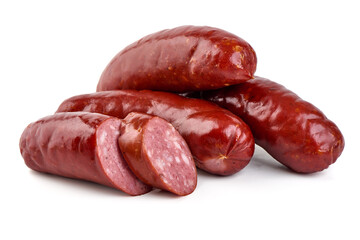 German traditional grilled sausages, close-up, isolated on white background
