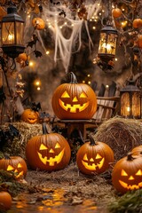 Fototapeta premium Decorated Halloween scene with carved pumpkins and lanterns