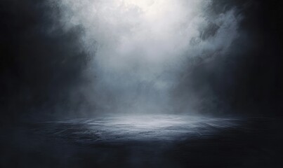 Dark background with fog and smoke, night sky, ocean floor, flat ground, backdrop for product display presentation, dark gray background
