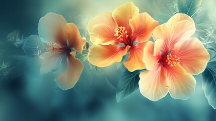 a painting of three orange flowers with green leaves on a blue background