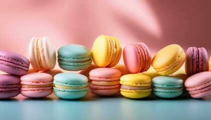 Obraz premium お菓子のマカロンをお洒落に配置、カラフルなグラデーション、キュートな背景画像 Generated by AI