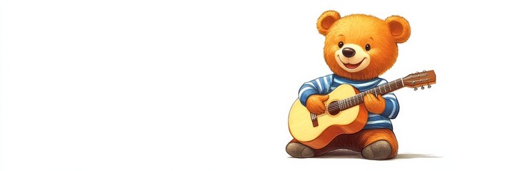 A charming cartoon brown bear smiles as it strums an acoustic guitar, showcasing joy, musical talent, and the magic of music. This image is ideal for children's books, music-related projects, and prom