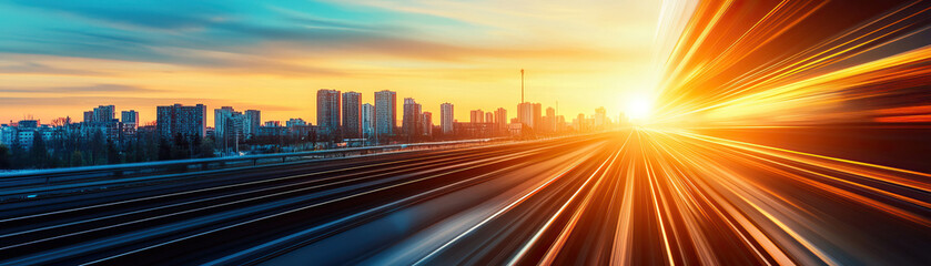Obraz premium Vibrant sunset over a city skyline, featuring dynamic light trails conveying motion and energy on a modern urban highway.