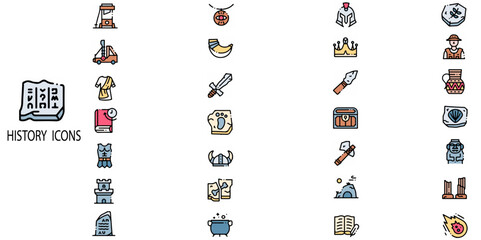 History simple concept 28 colour icons set. Contains such medieval warrior avatar, fairytale sign. Knight battle sword, armour helmet, power weapon, witch hat .Vector illustration.