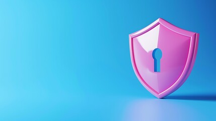 Bright pink security shield with keyhole on blue background representing internet security and data protection concept.