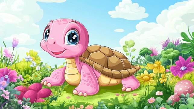 Cartoon baby turtle in pink with veggie border, cheerful sky setting