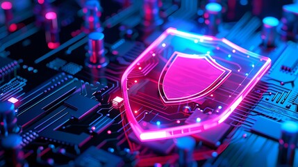 Fototapeta premium Close-up of a glowing shield symbol on a circuit board, representing cybersecurity, digital protection, and data security technology.