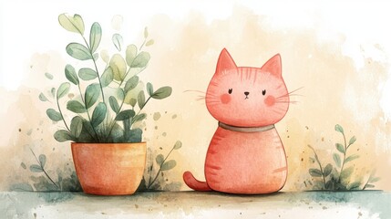 Cartoon pink cat in a flower pot on a light beige watercolor base