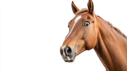 Obraz premium A close-up portrait of a brown horse with a surprised expression, featuring big eyes, a slightly open mouth, and a tilted head. The horse's coat is smooth and shiny, and its mane is neatly groomed.