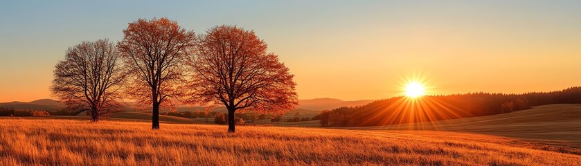 Fototapeta premium A serene sunset landscape featuring three trees against a golden sky, evoking tranquility and natural beauty.