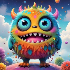 Colorful cartoon monster with vibrant fur and big eyes standing on a grassy landscape with colorful floating orbs
