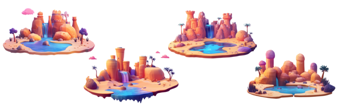 Set of 3D Cartoon An oasis in the middle of the desert, a lake surrounded by high mountains. Isolated on Transparent Background for Graphic Design Projects