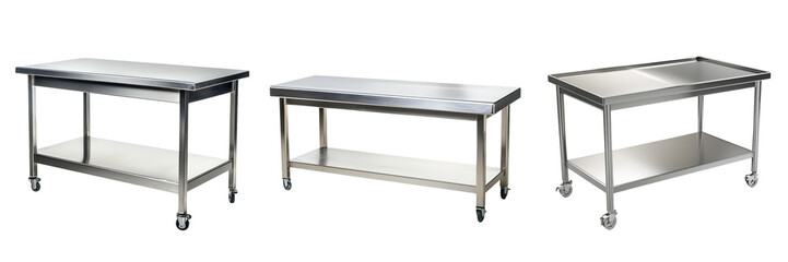 set of stainless steel food preparation table on a transparent background